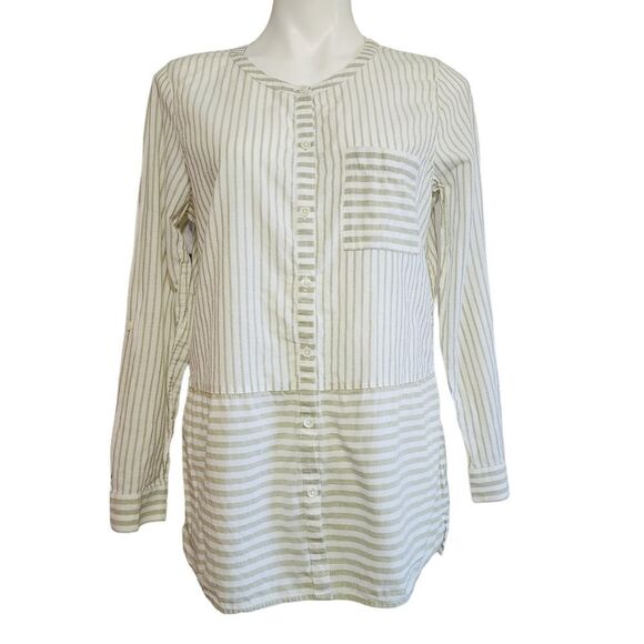 J.Jill Top M sage & white striped long sleeve button Up Lightweight - Picture 1 of 5